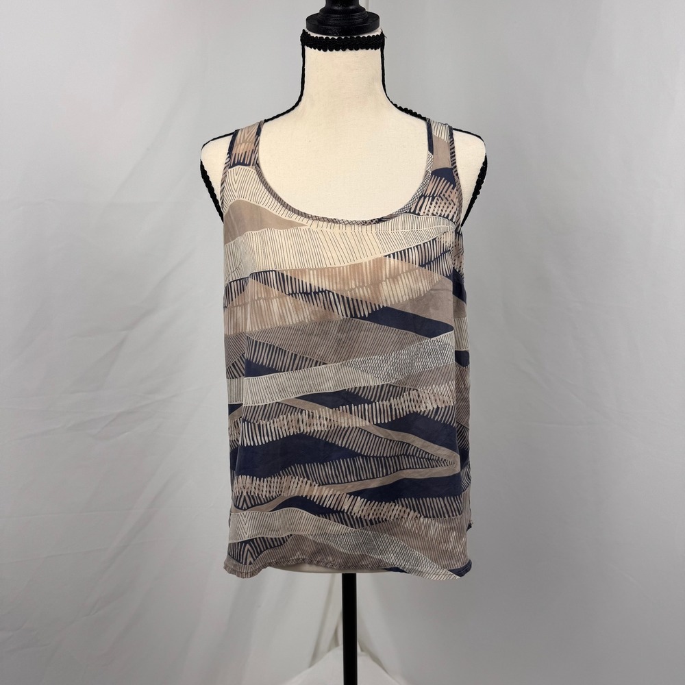 Love21 100% Silk Tank Top Women Small Grey Tan Geometric Abstract Racerback